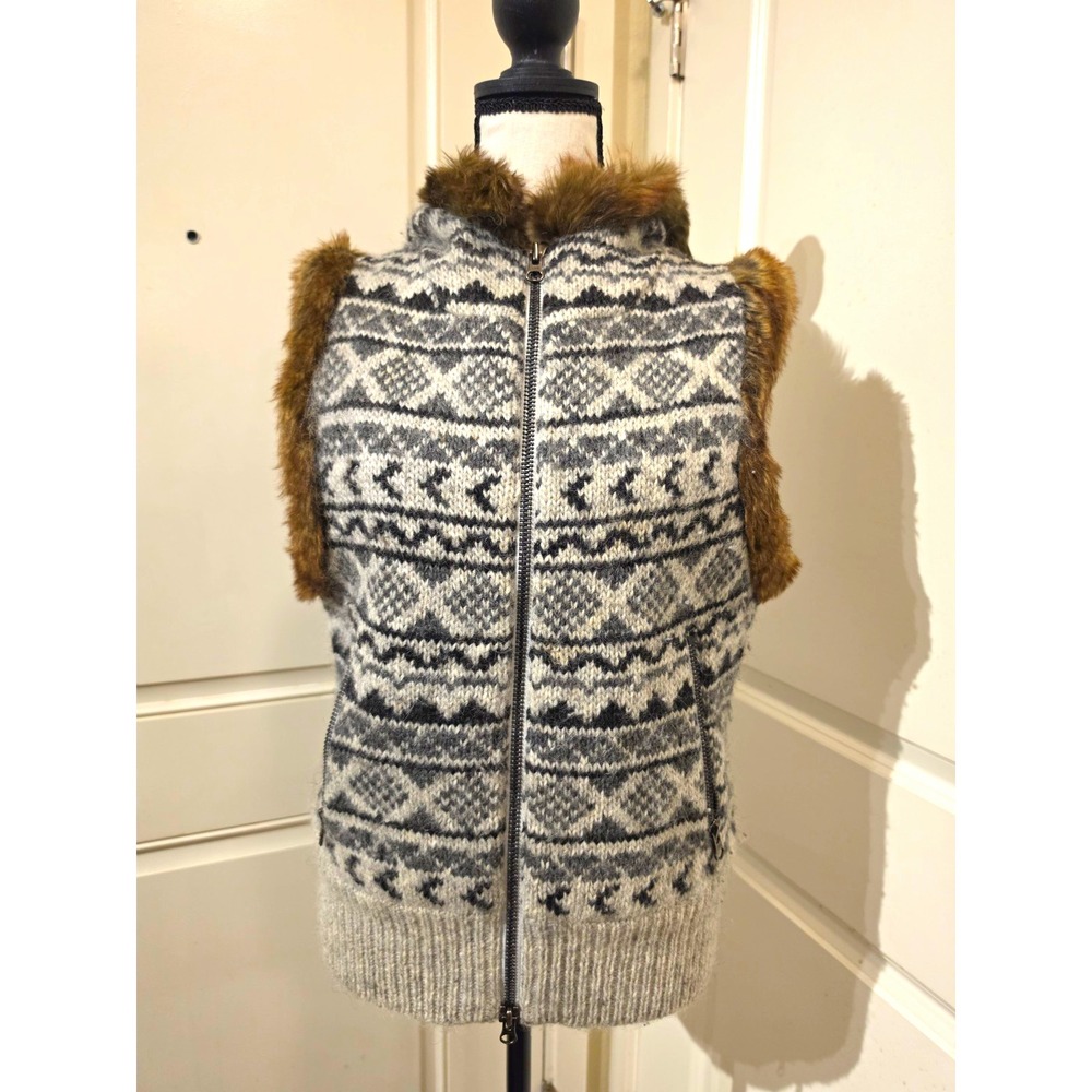 J. Davidsson Women's L 100% Icelandic Wool Hooded Vest Faux Fur Trim Fair Isle